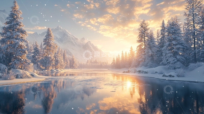 高清大图下载【趣麦麦图】冬季雪山日出河流风景