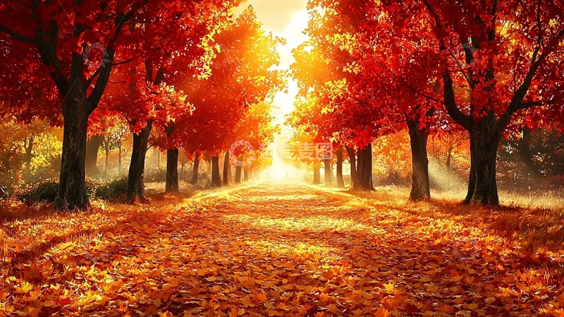 高清大图下载【趣麦麦图】秋日阳光下的红色树林小路