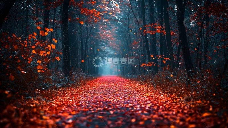 高清大图下载【趣麦麦图】秋日森林小路落叶缤纷