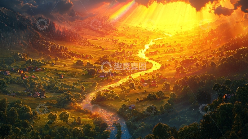 高清大图下载【趣麦麦图】阳光洒在山谷河流之上