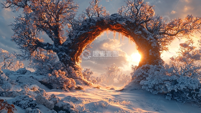 高清大图下载【趣麦麦图】雪地树拱门日出