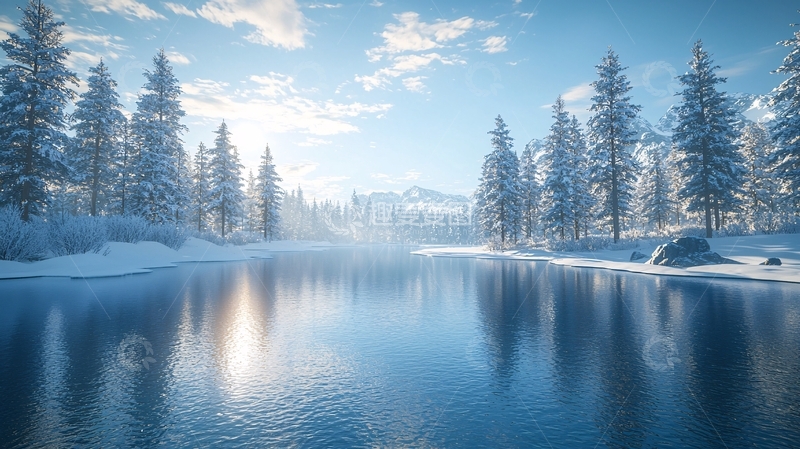 高清大图下载【趣麦麦图】冬日湖面冰雪覆盖的森林