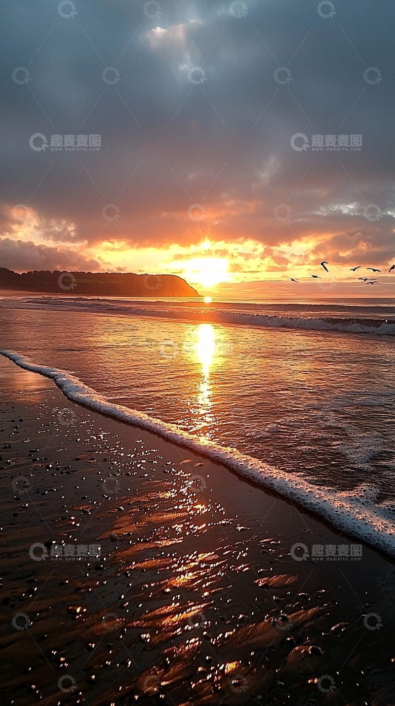 高清大图下载【趣麦麦图】海滩日落波光粼粼