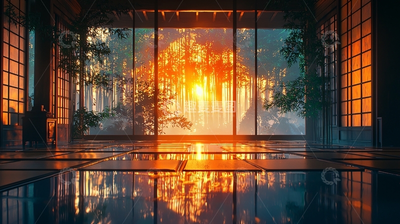 高清大图下载【趣麦麦图】日式房屋窗外森林夕阳美景