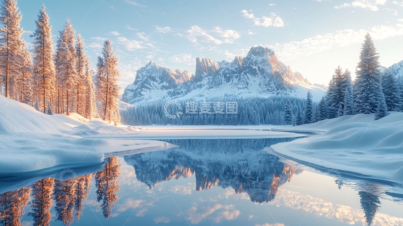 高清大图下载【趣麦麦图】雪山湖泊的冬季美景