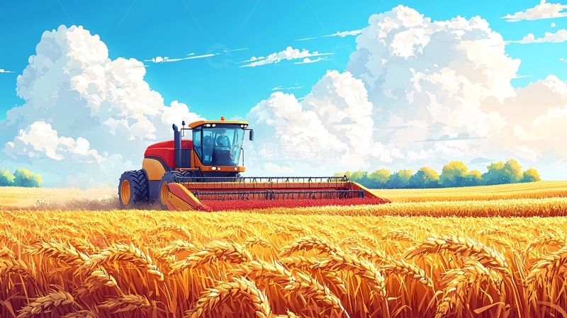 高清大图下载【趣麦麦图】金黄麦田收割机