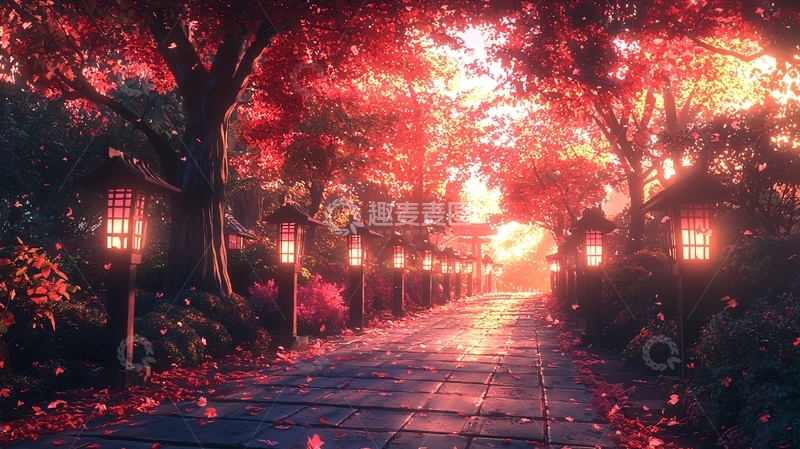 高清大图下载【趣麦麦图】红色枫叶树下的石板路