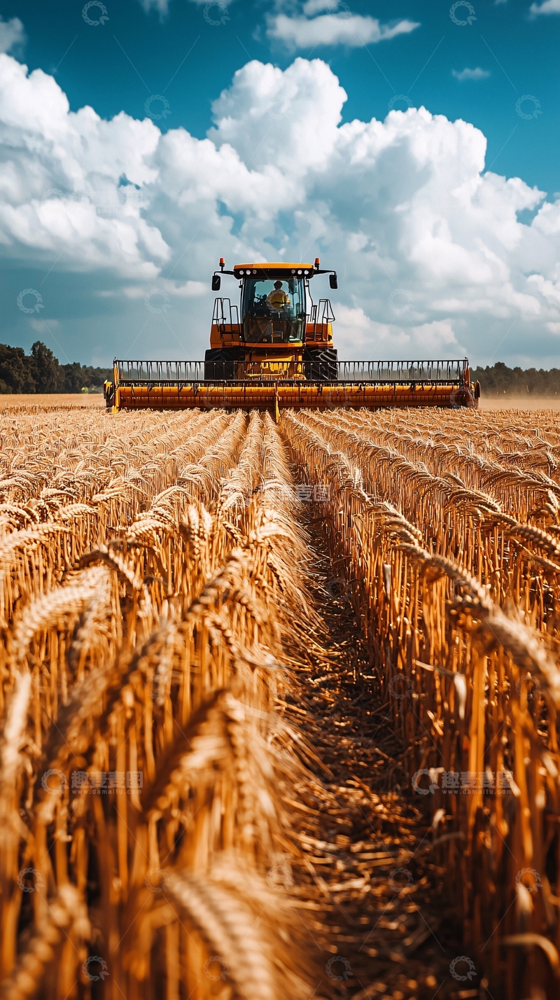 高清大图下载【趣麦麦图】金色麦田里的联合收割机