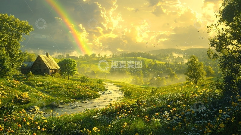 高清大图下载【趣麦麦图】田园风光小屋彩虹阳光