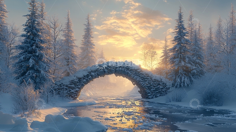 高清大图下载【趣麦麦图】冰雪覆盖的石桥