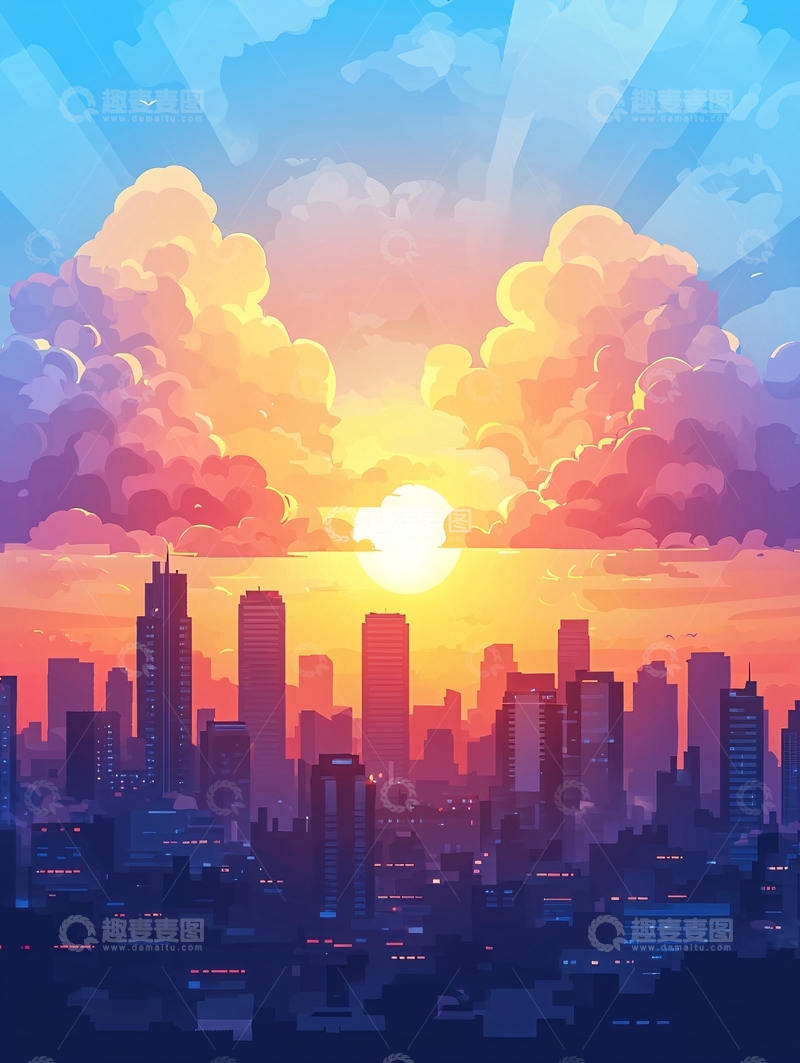 高清大图下载【趣麦麦图】城市日落卡通画风