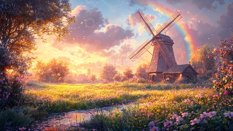 高清大图下载【趣麦麦图】风车彩虹田园风光