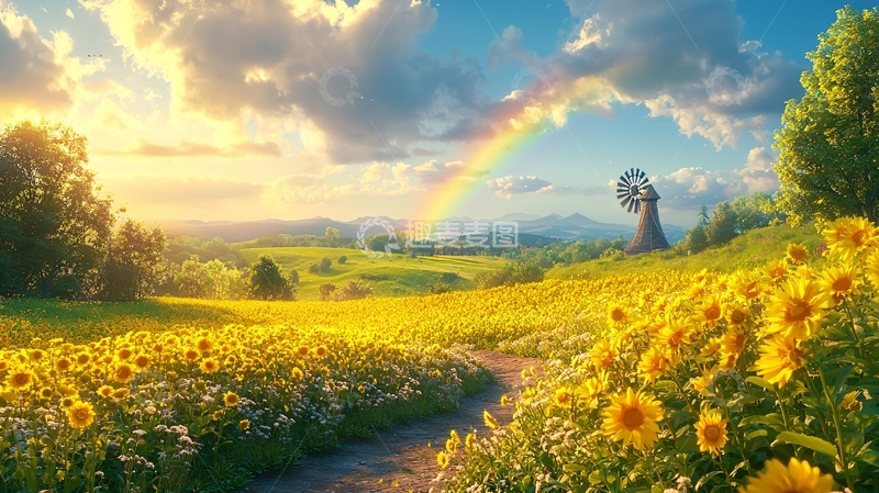 高清大图下载【趣麦麦图】向日葵田野间的彩虹景色