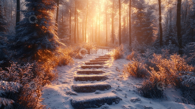 高清大图下载【趣麦麦图】雪后森林阳光照耀