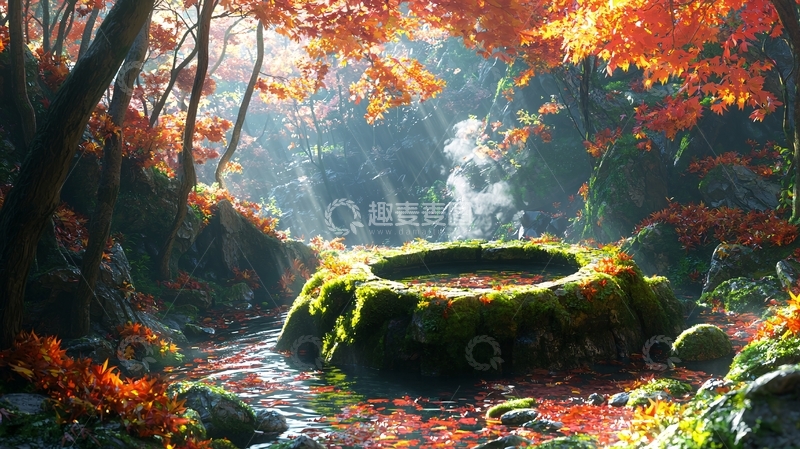 高清大图下载【趣麦麦图】秋日森林光影中的石井