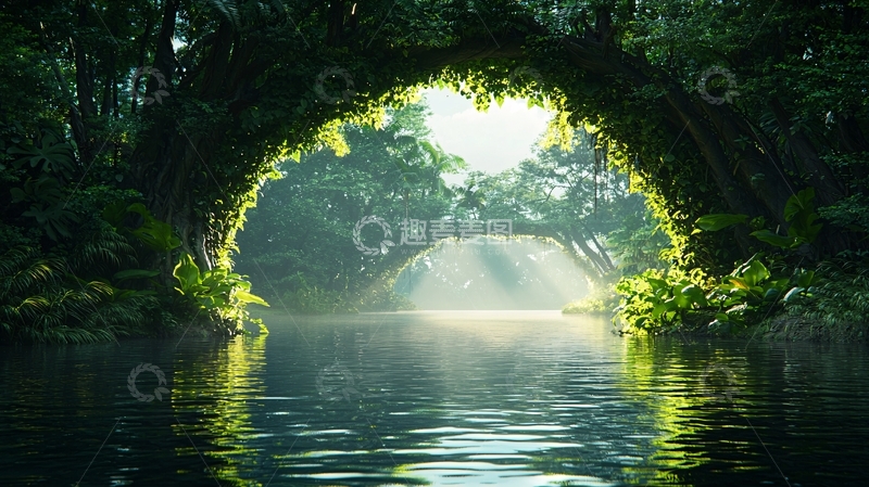 高清大图下载【趣麦麦图】绿色藤蔓拱门下的水面