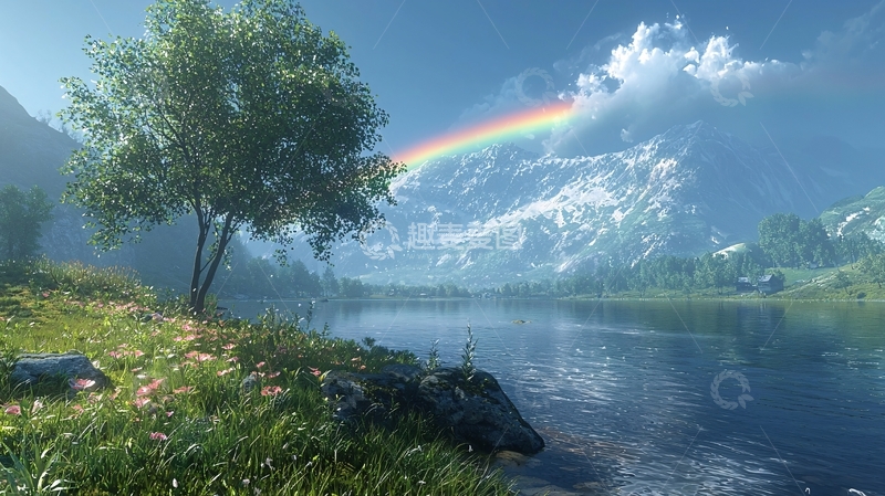 高清大图下载【趣麦麦图】湖面倒影彩虹的自然风光