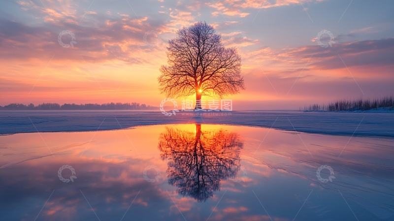 高清大图下载【趣麦麦图】孤独的树在日出湖面