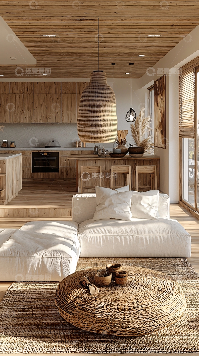 高清大图下载【趣麦麦图】原木风开放式厨房客厅