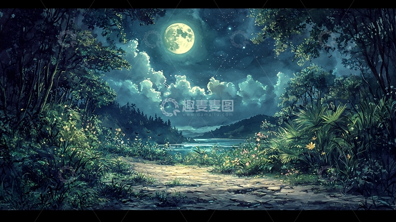 高清大图下载【趣麦麦图】月夜森林小径