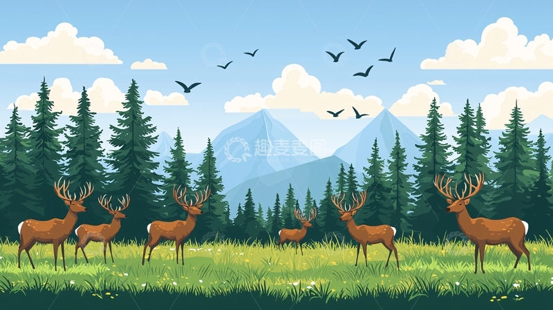 高清大图下载【趣麦麦图】鹿群在森林草地上