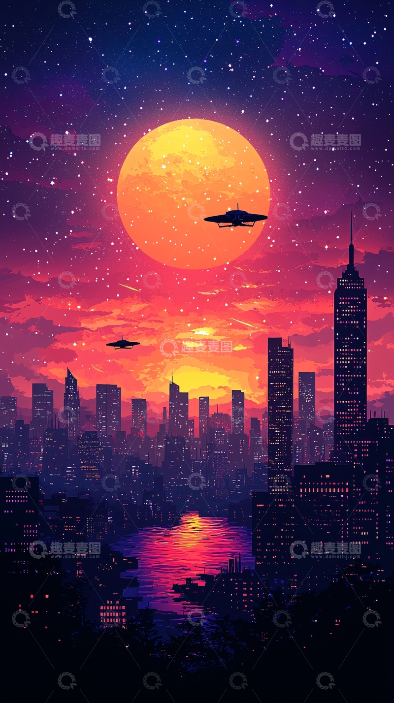 高清大图下载【趣麦麦图】赛博朋克城市夜景