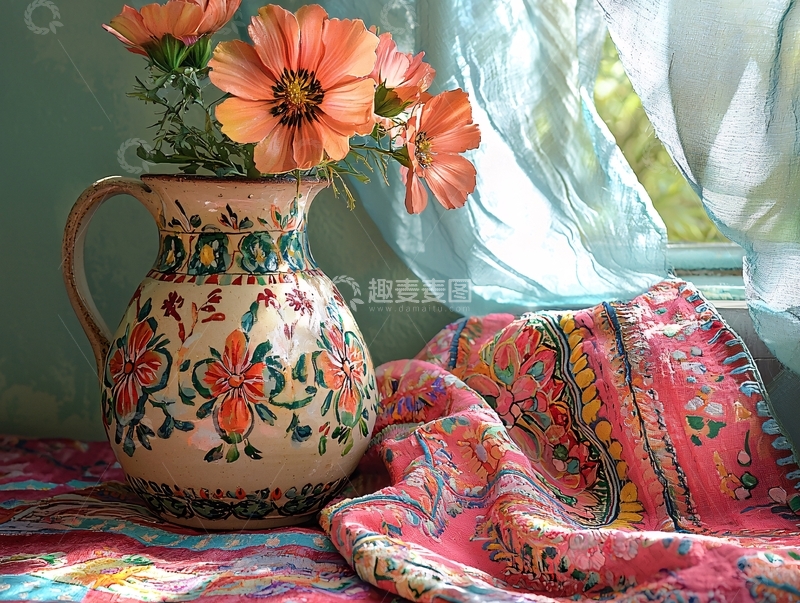 高清大图下载【趣麦麦图】花瓶中的橙色花朵和纺织品