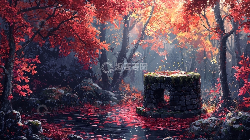 高清大图下载【趣麦麦图】秋日红叶森林古井