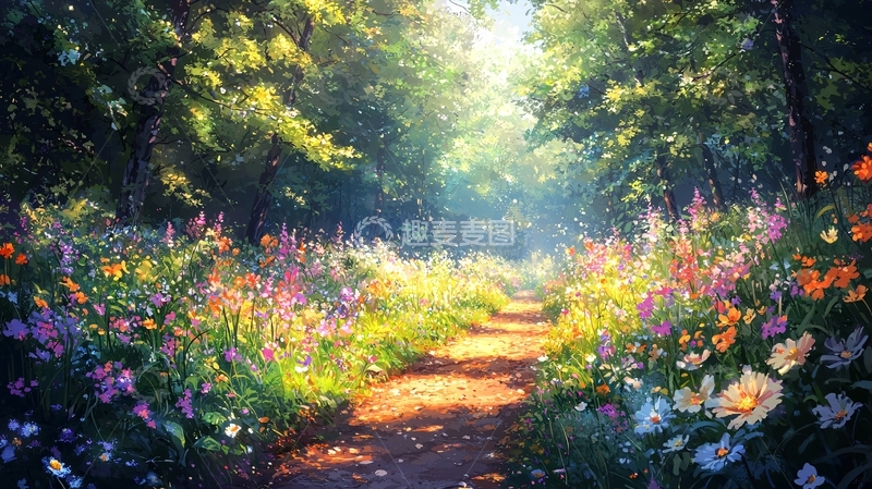 高清大图下载【趣麦麦图】阳光穿过树林的鲜花小路