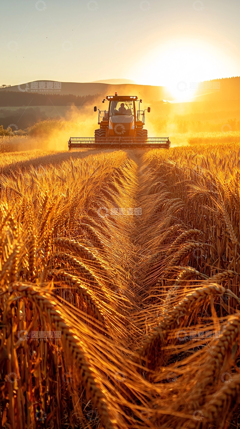 高清大图下载【趣麦麦图】金黄麦田收割机日落
