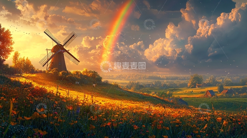 高清大图下载【趣麦麦图】风车下的田野彩虹晚霞