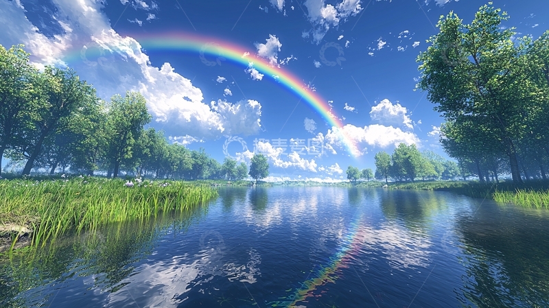 高清大图下载【趣麦麦图】蓝天白云下的彩虹湖泊