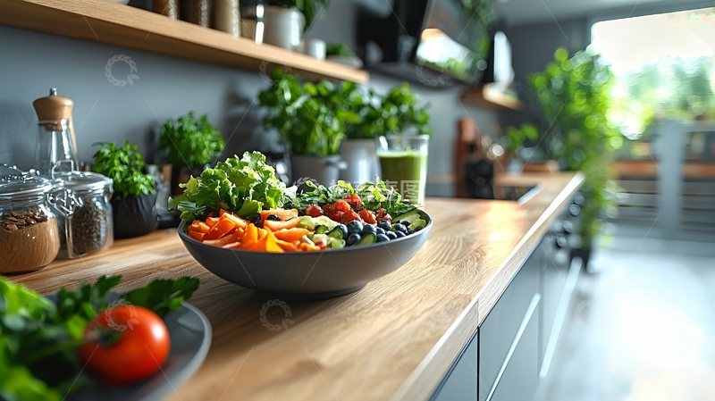 高清大图下载【趣麦麦图】健康沙拉美食在厨房台面