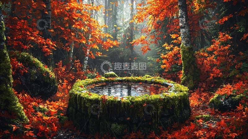 高清大图下载【趣麦麦图】秋日森林中的苔藓水池