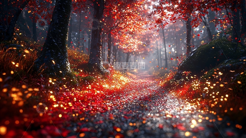 高清大图下载【趣麦麦图】秋日红叶森林小路