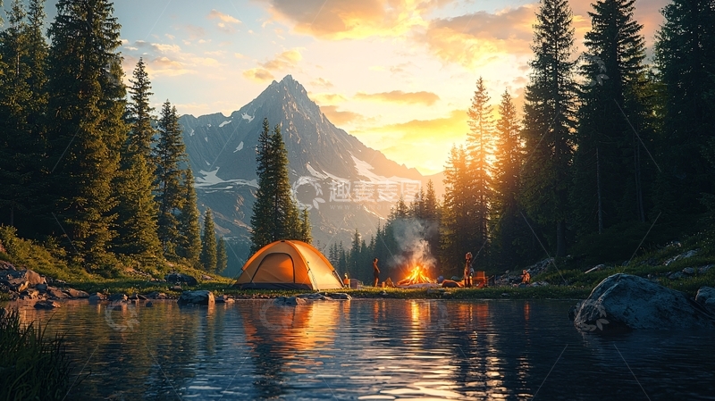 高清大图下载【趣麦麦图】湖边露营的日落美景
