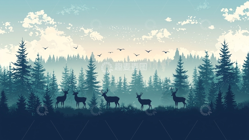 高清大图下载【趣麦麦图】森林中的鹿群剪影