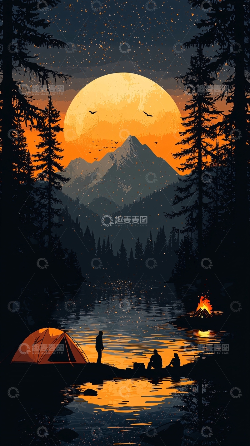 高清大图下载【趣麦麦图】湖边露营高清图片