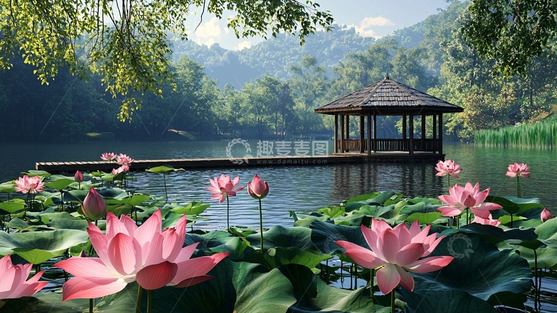 高清大图下载【趣麦麦图】平静湖面上的亭子