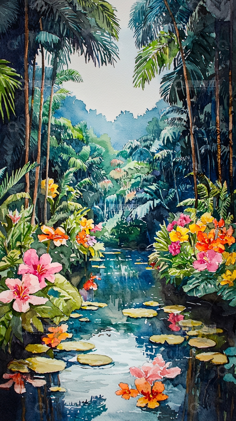 高清大图下载【趣麦麦图】热带雨林中的水彩花卉