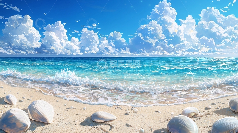 高清大图下载【趣麦麦图】海滩蓝天白云的动漫风景
