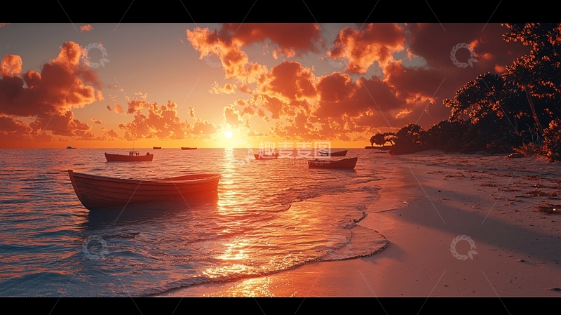 高清大图下载【趣麦麦图】海边日落小船风景