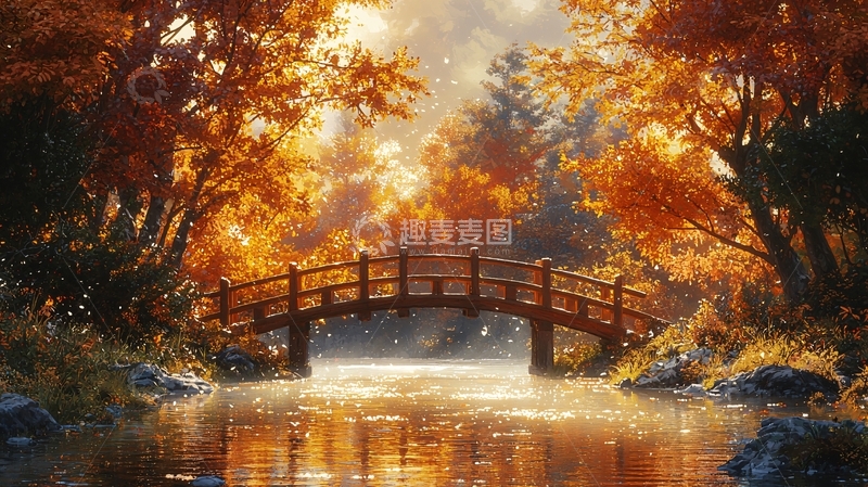高清大图下载【趣麦麦图】秋日树林木桥流水图