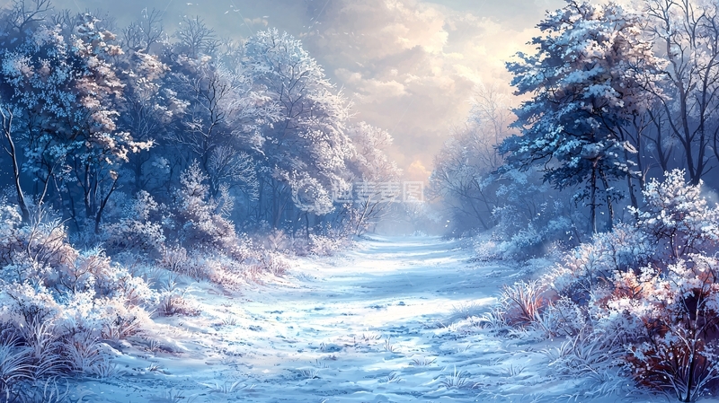 高清大图下载【趣麦麦图】冬季雪景小路森林