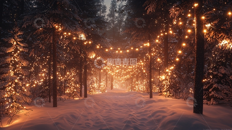 高清大图下载【趣麦麦图】雪地森林挂满灯串