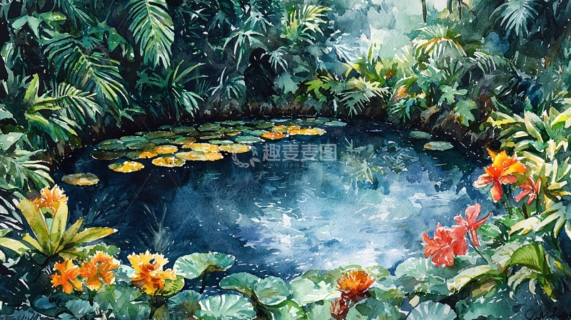 高清大图下载【趣麦麦图】绿植环绕的水塘与荷叶