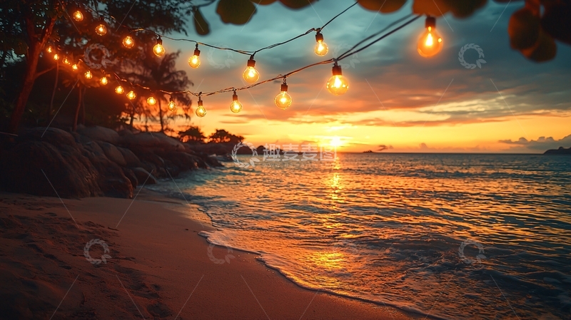 高清大图下载【趣麦麦图】海滩夕阳灯光浪漫场景