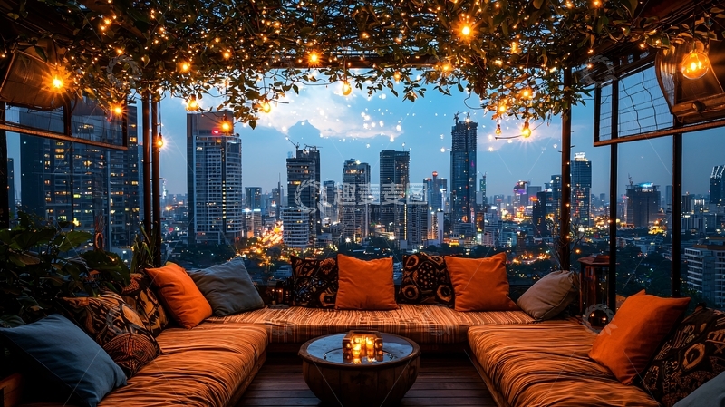 高清大图下载【趣麦麦图】高楼夜景沙发休息区