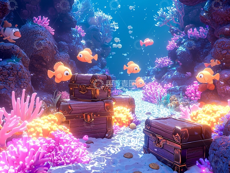高清大图下载【趣麦麦图】卡通海底世界藏宝箱