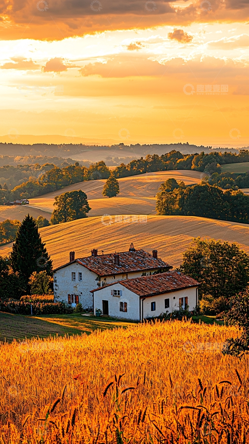 高清大图下载【趣麦麦图】金色的麦田日落下的房屋